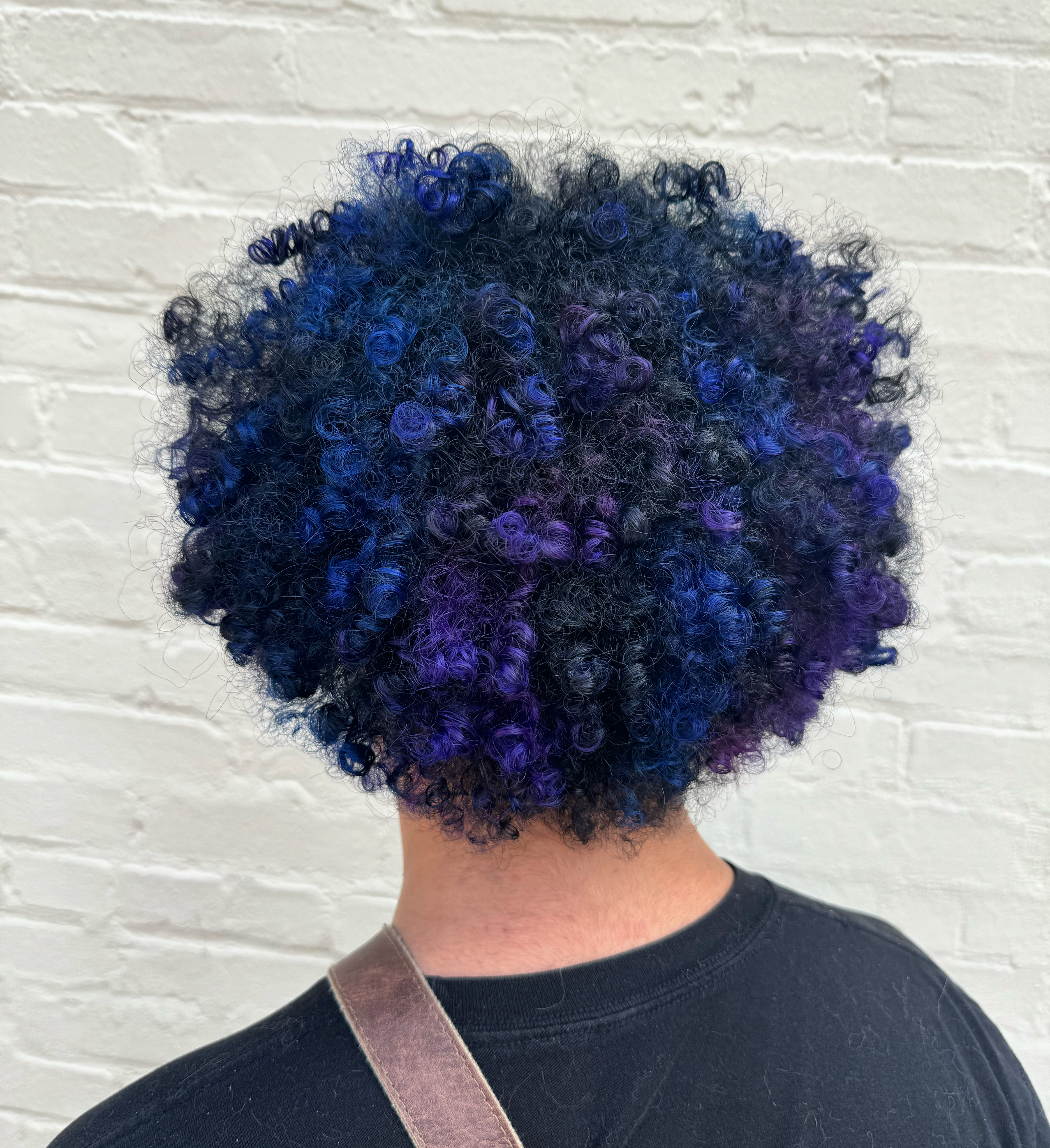 A client with bouncy curls dyed purple and blue